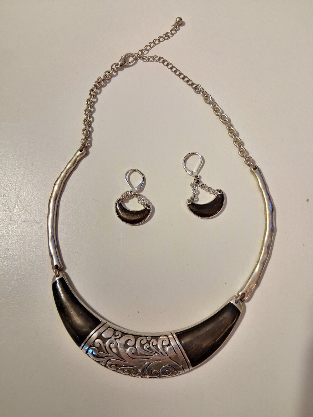 Sterling-Style Black and Silver Crescent Necklace and Earrings Set